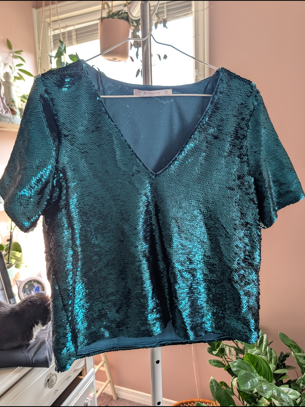 Zara Teal Sequin V-Neck Top